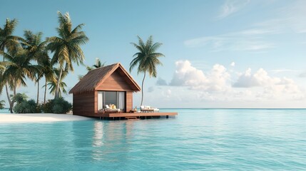 Exotic Tropical Villa with Floating Breakfast in the Pool   Luxury Vacation Concept  Serene overwater bungalow with pristine pool and scenic ocean views perfect for a lavish and rejuvenating getaway