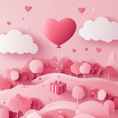 Romantic Valentine's Day illustration featuring heart-shaped balloon floating in sky above forest landscape with gift box descending. Pink color palette, heart-shaped clouds, red heart trees, paper ar