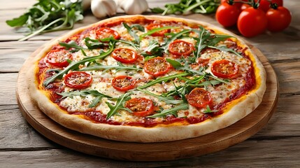 Freshly baked artisanal pizza with a crispy crust topped with juicy organic tomatoes aromatic arugula and creamy mozzarella cheese  Showcasing the flavors of authentic Italian cuisine