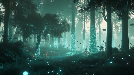 Fototapeta premium Enchanted Forest at Night Teal Glowing Lights and Foggy Atmosphere