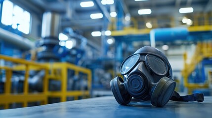 A close-up of a gas mask resting on a table with industrial equipment in the background