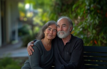 Fototapeta premium An elderly couple embraces while gazing up at the sky while seated on a bench in a park.