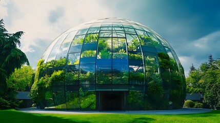 Obraz premium Futuristic glass dome structure housing a lush thriving indoor botanical garden The transparent dome allows natural light to flood the space