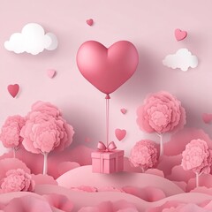 Romantic Valentine's Day illustration featuring heart-shaped balloon floating in sky above forest landscape with gift box descending. Pink color palette, heart-shaped clouds, red heart trees, paper ar