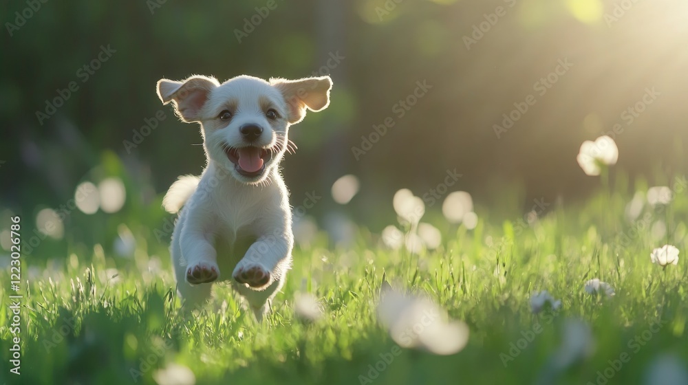 Poster a joyful puppy sprinting across a lush green field, with its ears flopping in the wind and a playful