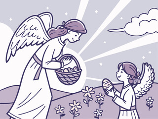 Un ángel adulto con alas y una canasta llena de huevos de Pascua entrega un huevo a un ángel niño en un campo con flores. La ilustración monocromática tiene un estilo vintage que evoca ternura y espir
