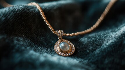 Fototapeta premium A close-up of a gold necklace with a delicate pendant resting on a velvet surface.
