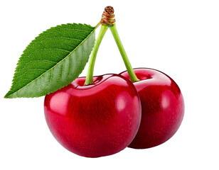 Isolated cherry with leaf on transparent white background, png