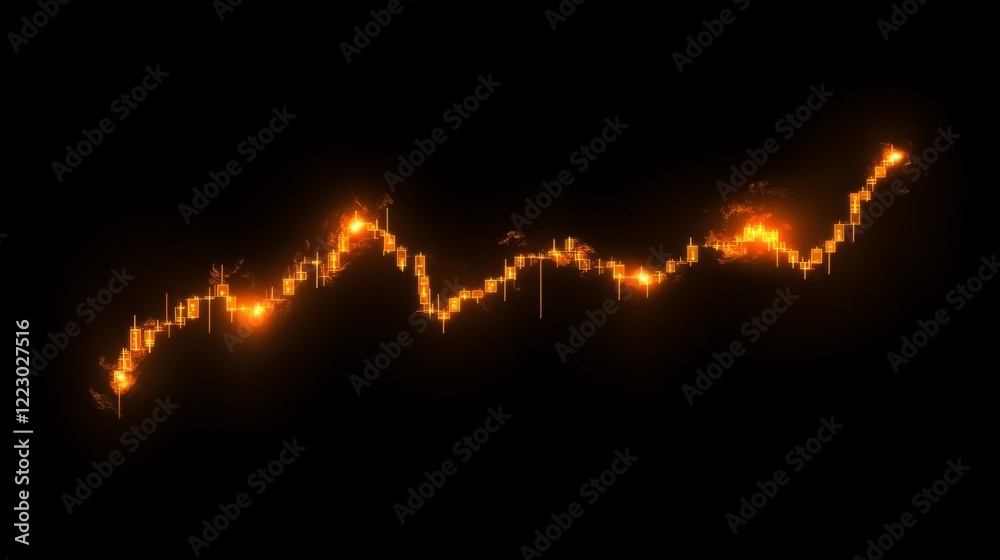 Poster a minimalistic line chart in golden hues on a dark background, with a steady upward trend symbolizin