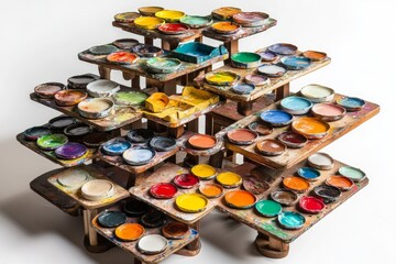 A Multi-Tiered Artistic Palette Display: A Colorful Composition of Wooden Paint Palettes