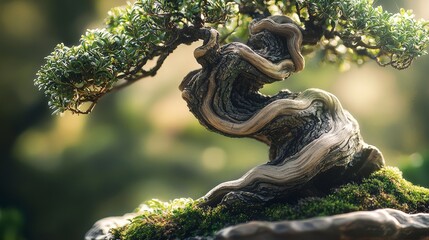 Fototapeta premium Twisted Bonsai Tree with Lush Green Foliage in Soft Light