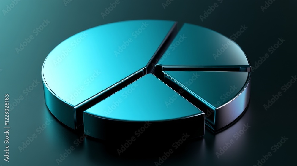 Fototapete a minimalist pie chart with metallic segments in blue tones, on a reflective black background, with 