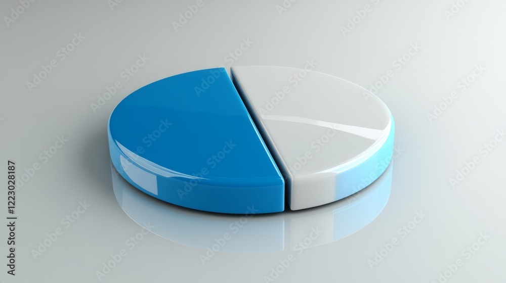 Aufkleber a minimalist pie chart with white and blue sections, slightly separated on a reflective gray backgro