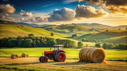 Obraz premium Vintage tractor driving through a field with a large haystack in the background, surrounded by rolling hills and green grass , countryside, haystack