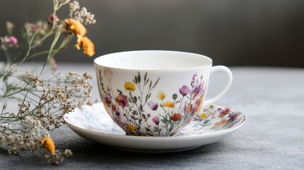 Fototapeta premium A white teacup with a floral design sits on a matching saucer, accompanied by a small bouquet of dried flowers.