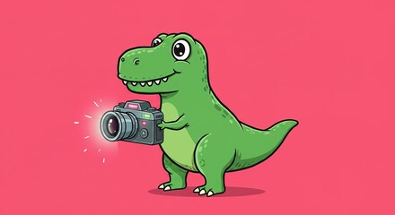 Naklejka premium Playful Cartoon Dinosaur Taking a Photo with Flash Camera.