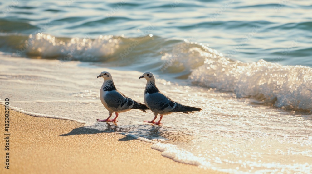 Aufkleber a picturesque view of two doves walking side by side on a sandy beach, with gentle waves lapping in 
