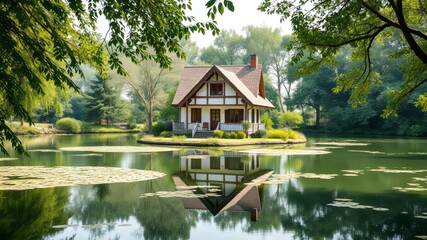 Obraz premium Serene Pond House, Lush Landscape, Tranquil Retreat