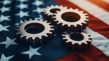 Gears on American Flag Background Symbolizing Industry and Patriotism in United States