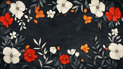 A floral border of white, orange, and red flowers and leaves against a dark gray background.