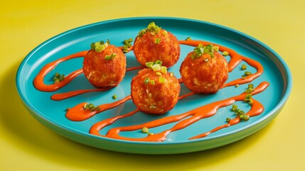 A playful composition of cheese balls on a bright plate, drizzled with spicy sauce and topped with chopped scallions, creating an eye-catching and appetizing display
