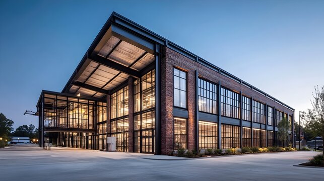 Illuminated modern industrial loft style building with exposed brick walls and steel beams under evening light in an urban city skyline Commercial office or factory workspace architecture design