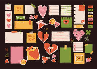 Obraz premium A large set of notes, crumpled torn paper, jagged edges, collage, frame and textbox for the Valentine's day. Trendy design of the hearts, elements.