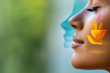 A serene profile of a woman with artistic face paint, blending natural beauty and creative expression against a soft, blurred background.