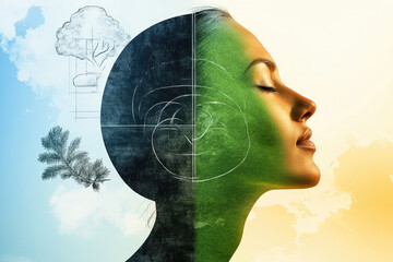 A serene profile of a woman with nature elements, divided into vibrant colors, symbolizing harmony between mind and environment.