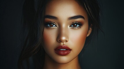 A portrait of a woman with striking features and bold makeup, her hair elegantly styled, set against a dark background that highlights her beauty
