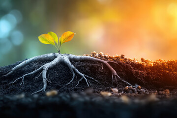 A small plant with green leaves emerges from the soil, showcasing its roots, symbolizing growth and new beginnings.