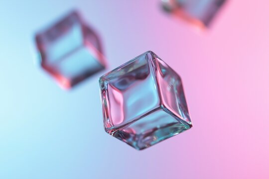 Three cubes of ice floating in the air. The cubes are clear and have a pinkish hue. The image has a cool and calming mood, as the cubes appear to be floating weightlessly in the air
