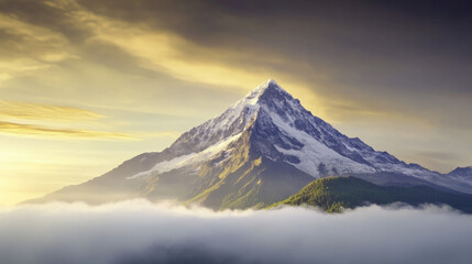 A majestic mountain peaks above the clouds, illuminated by a warm sunrise, creating a serene and breathtaking landscape.