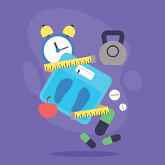 Colorful arrangement of fitness items including scale, clock, kettlebell, apple, and measuring tape on purple background. Key elements of health and wellness concept