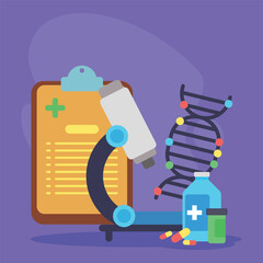 Colorful illustration of essential laboratory equipment including a microscope, DNA helix, lab report, and various medicine bottles on purple background