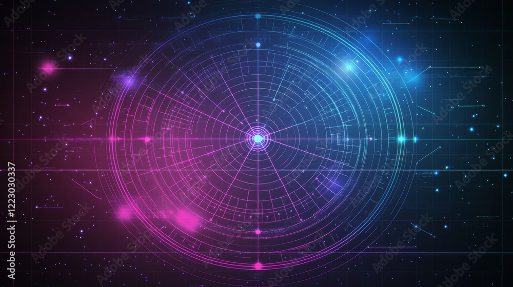 Aufkleber A radar chart in neon colors on a dark grid background, with lines and points showing data intersections, creating a modern tech feel