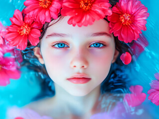 Naklejka premium Ethereal Portrait of a Young Girl Surrounded by Blossoms in a Tranquil Blue Water Setting