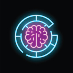 Vibrant neon icon depicting a brain at the center of a circular maze, symbolizing the intricate workings of artificial intelligence