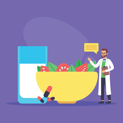 Doctor providing nutrition advice while standing next to bowl of salad and glass of water. Healthy eating habits and importance of balanced meals concept