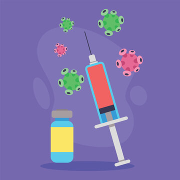 Syringe and vial against purple background, surrounded by colorful virus illustrations. Importance of vaccination and health concept
