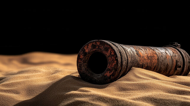 Representations of Rust Concept, abandoned rusted cannon partially buried in sand, evoking sense of history - Powered by Adobe