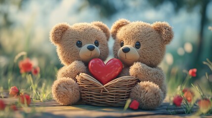 A sweet 3D cartoon scene of two teddy bears sharing a heart-shaped picnic basket.