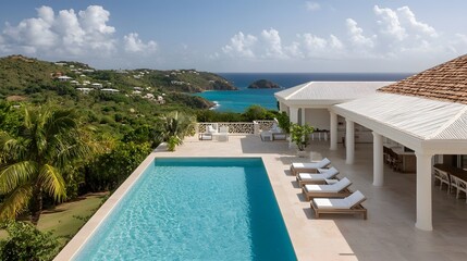 Fototapeta premium Luxurious beachside villa with open plan design direct ocean access and an inviting private pool set against a backdrop of lush tropical foliage and azure waters