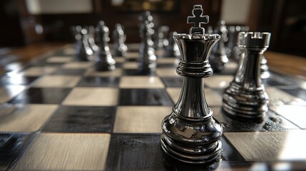 A chessboard with two pieces in focus and the rest blurred in the background.