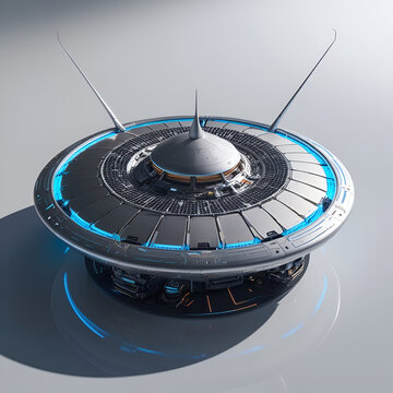 Flying UFO with white background. Unidentified flying object,  technology Metal and silver vintage UFO isolated on white background 3D rendering