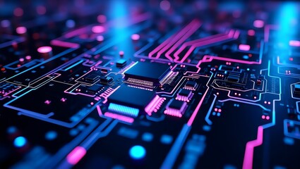 Circuit Board with Electrical Components and Traces Illuminated with Pink and Blue