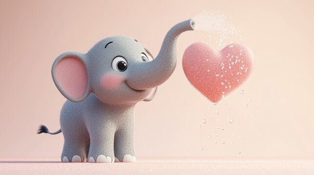 A cheerful 3D cartoon elephant spraying water in the shape of a heart.