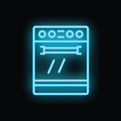 Bright blue neon icon of an oven is glowing on a black background