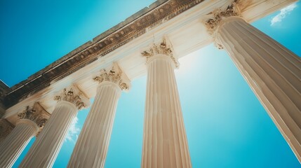 Fototapeta premium Majestic Classical Greek Temple with Tall Ornate Columns Standing Tall Against a Bright Cloudless Blue Sky This Iconic
