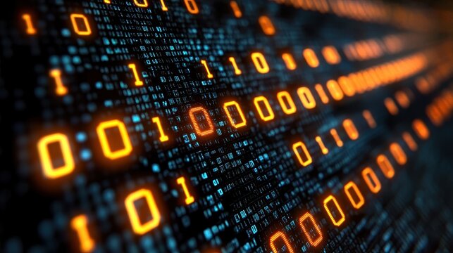 Close-Up of a Computer Chip with Flowing Binary Code and Data